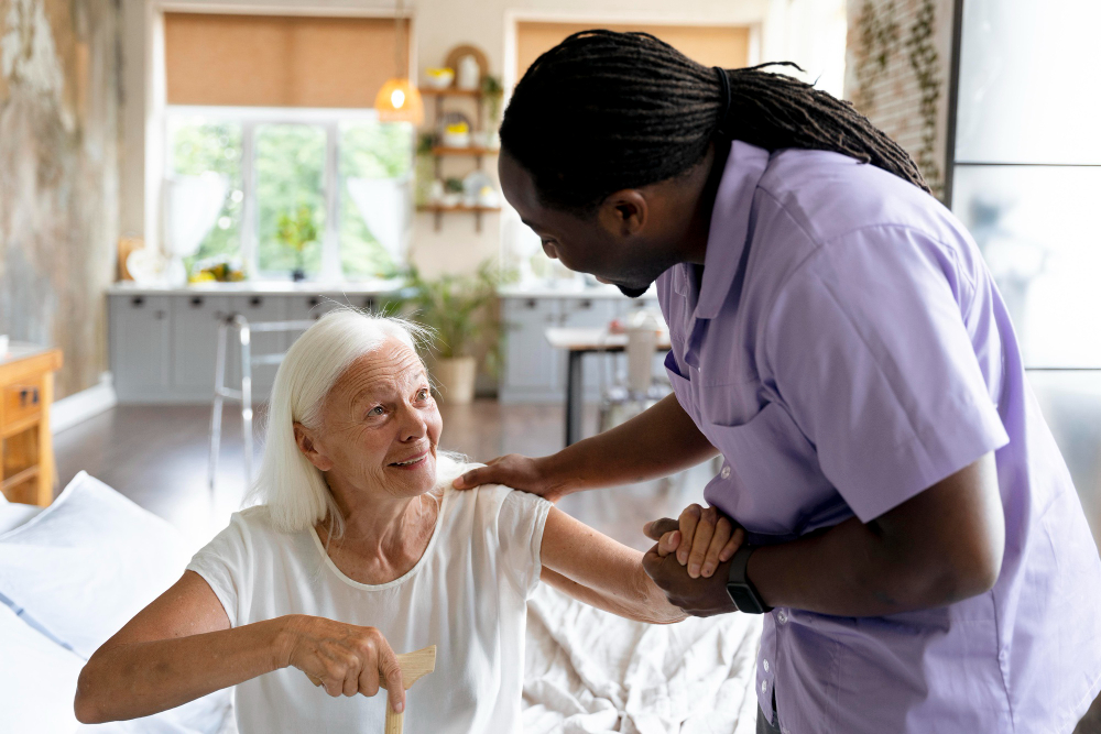 A USP carer and client spending time together at home